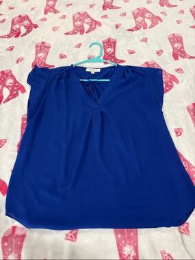 Chaus Royal Blue V-Neck Flutter Sleeve Blouse